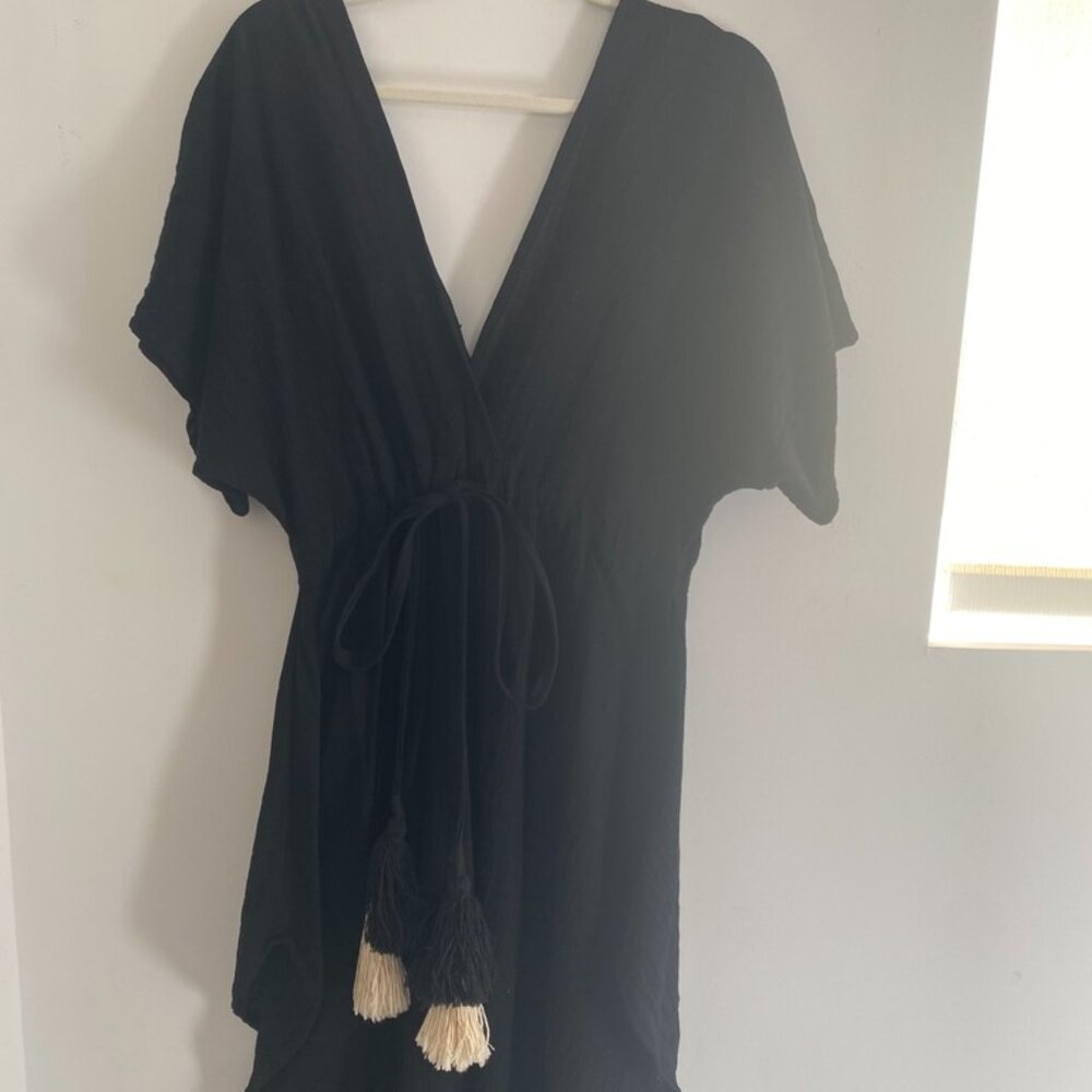 Apashanka Black Gathered Dress/Cover-Up W/ Pom Poms Size XS/S
